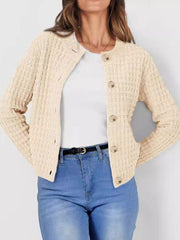 Button Up Round Neck Long Sleeve Cardigan - Trendsi