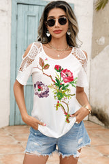 Lace Detail Round Neck Cold Shoulder Blouse Trendsi