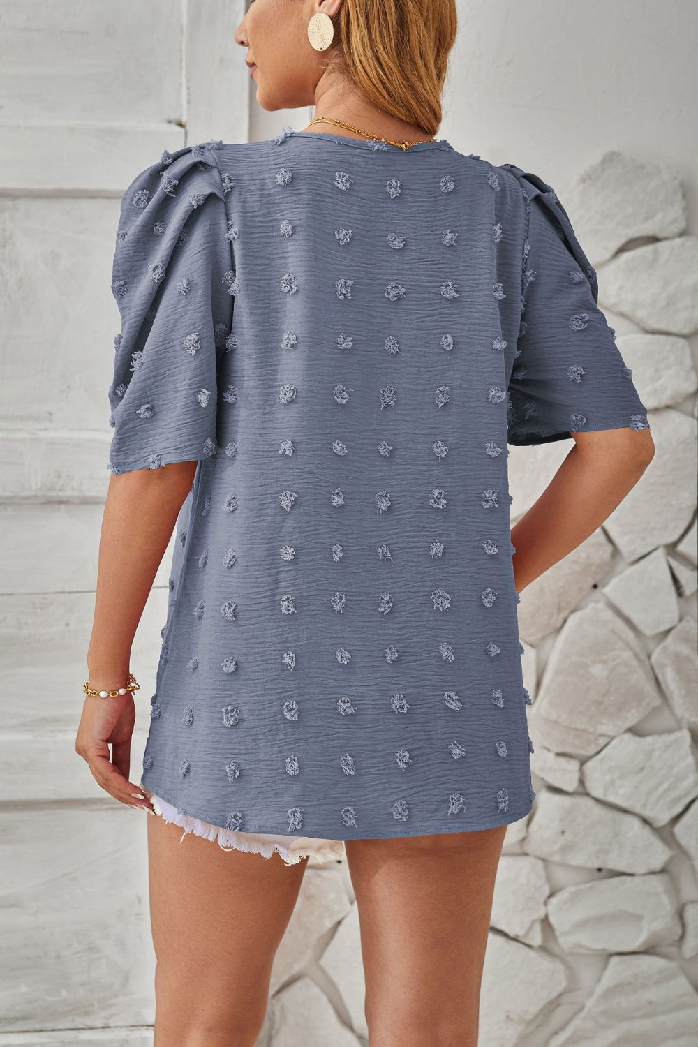 Swiss Dot Round Neck Short Sleeve Blouse Trendsi