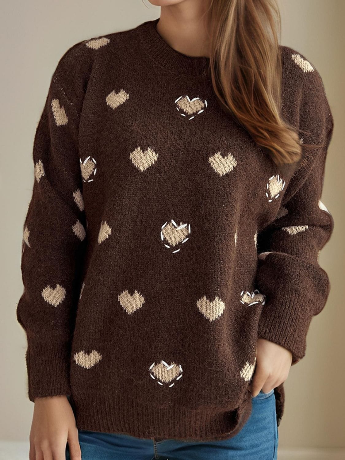 Heart Round Neck Long Sleeve Sweater - Trendsi