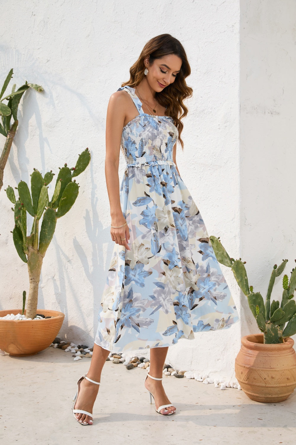 Smocked Printed Square Neck Midi Dress Trendsi