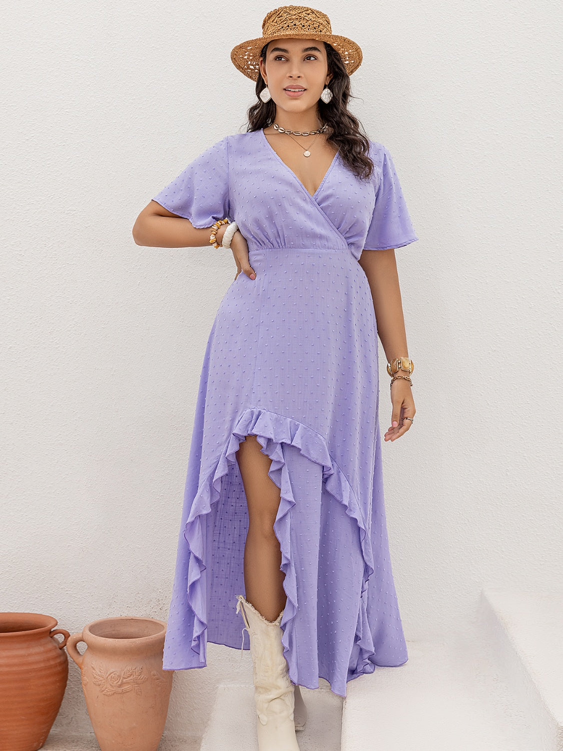 Plus Size Swiss Dot High-Low Surplice Dress - Flyclothing LLC