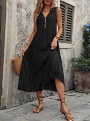 Decorative Button Notched Sleeveless Dress - Trendsi