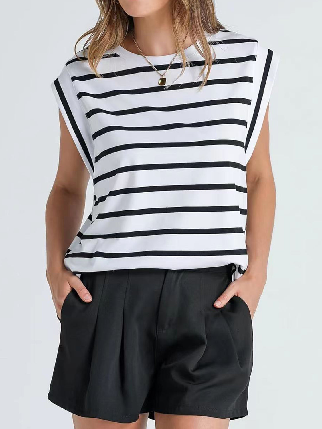 Striped Round Neck Cap Sleeve T-Shirt - Flyclothing LLC