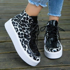 PU Leather Leopard Platform Sneakers - Trendsi