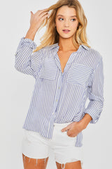 Love Tree Striped Collared Neck Long Sleeve Shirt Trendsi