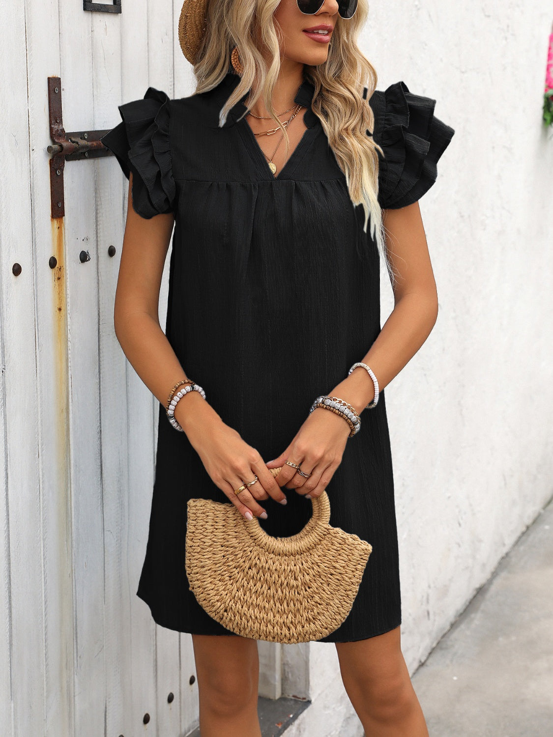 Ruffled Notched Cap Sleeve Mini Dress Trendsi