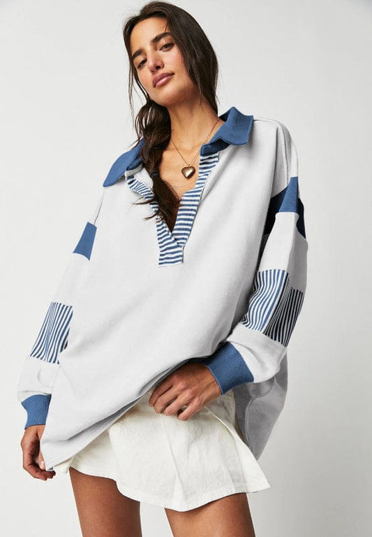 Color Block Johnny Collar Long Sleeve Sweatshirt - Trendsi