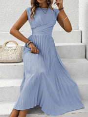 Pleated Round Neck Cap Sleeve Dress - Trendsi