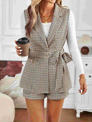 Tied Plaid Collared Neck Vest and Shorts Set