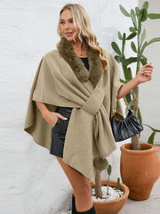 Fuzzy Trim Open Front Poncho - Trendsi