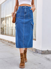 Slit Midi Denim Skirt with Pockets Trendsi