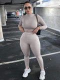 Mock Neck Long Sleeve Top and High Waist Pants Set - Flyclothing LLC