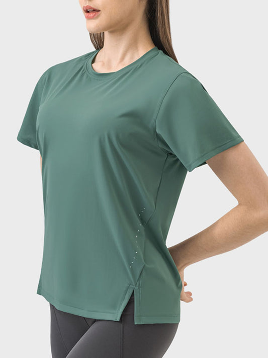 Slit Round Neck Short Sleeve Active T-Shirt Trendsi