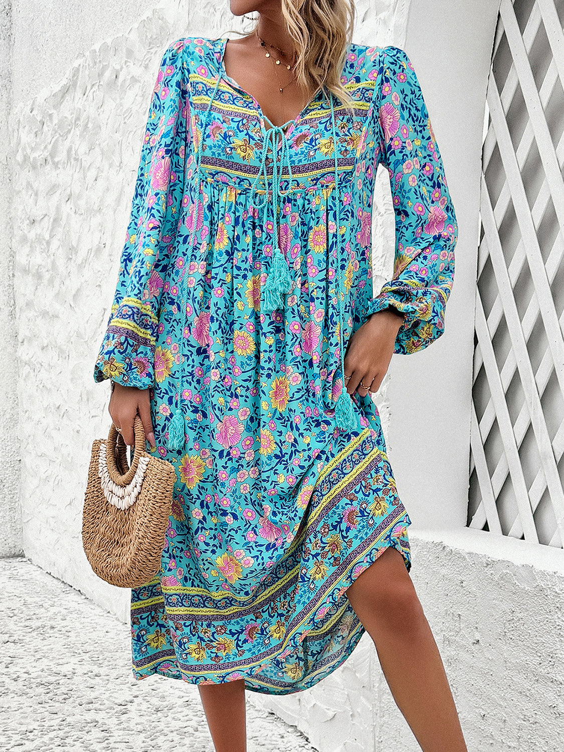 Tassel Tied Printed Long Sleeve Dress - Flyclothing LLC