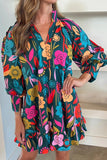 Printed Notched Lantern Sleeve Mini Dress - Flyclothing LLC