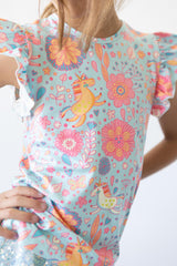 Blue Retro Unicorns S/S Ruffle Tee - Mila & Rose ®