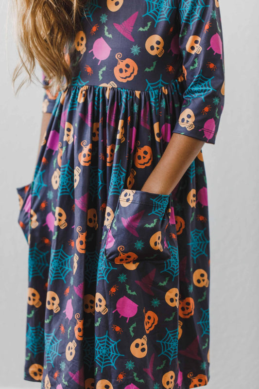 Skeleton Web 3/4 Sleeve Pocket Twirl Dress