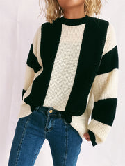 Color Block Round Neck Long Sleeve Sweater - Trendsi