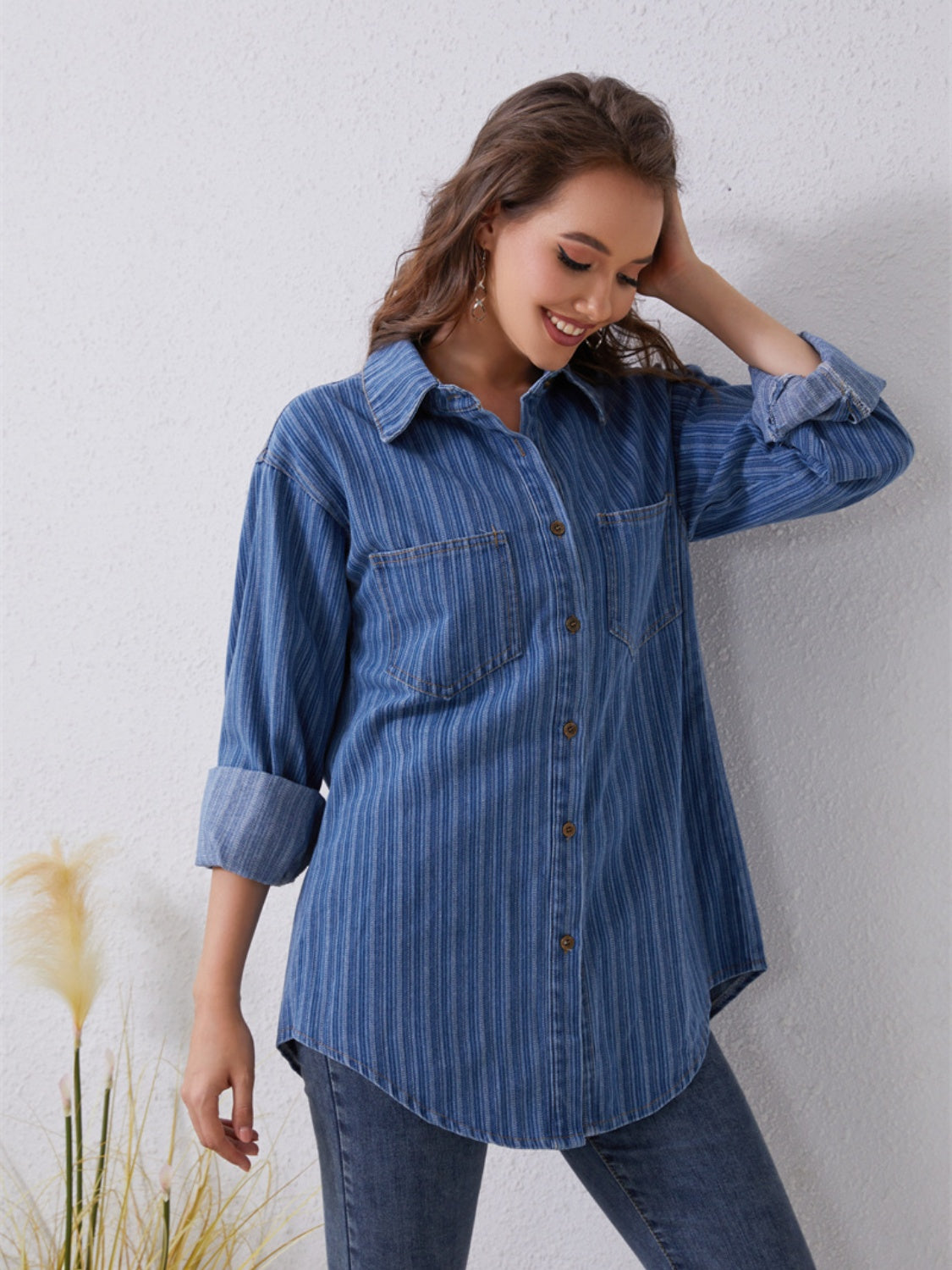 Pocketed Striped Button Up Denim Shirt - Flyclothing LLC