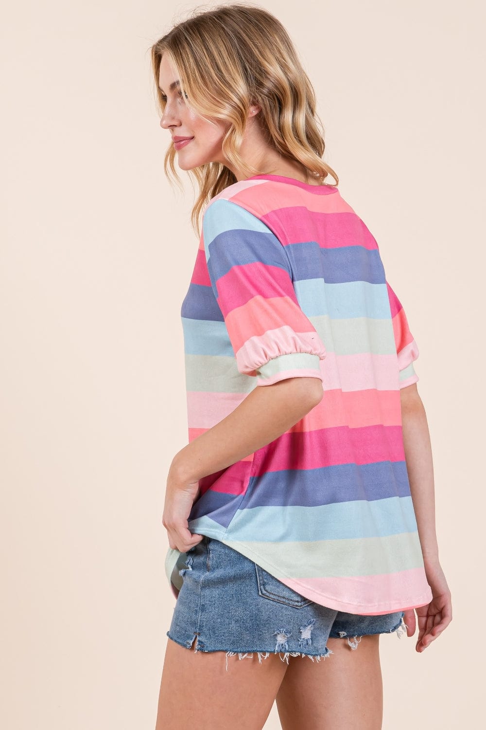 BOMBOM Striped Round Neck Half Sleeve T-Shirt - Trendsi