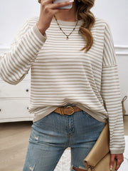 Striped Round Neck Dropped Shoulder Sweater