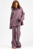 Basic Bae Slit Round Neck Long Sleeve Top and Drawstring Pants Sweater Set