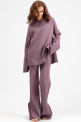 Basic Bae Slit Round Neck Long Sleeve Top and Drawstring Pants Sweater Set - Trendsi