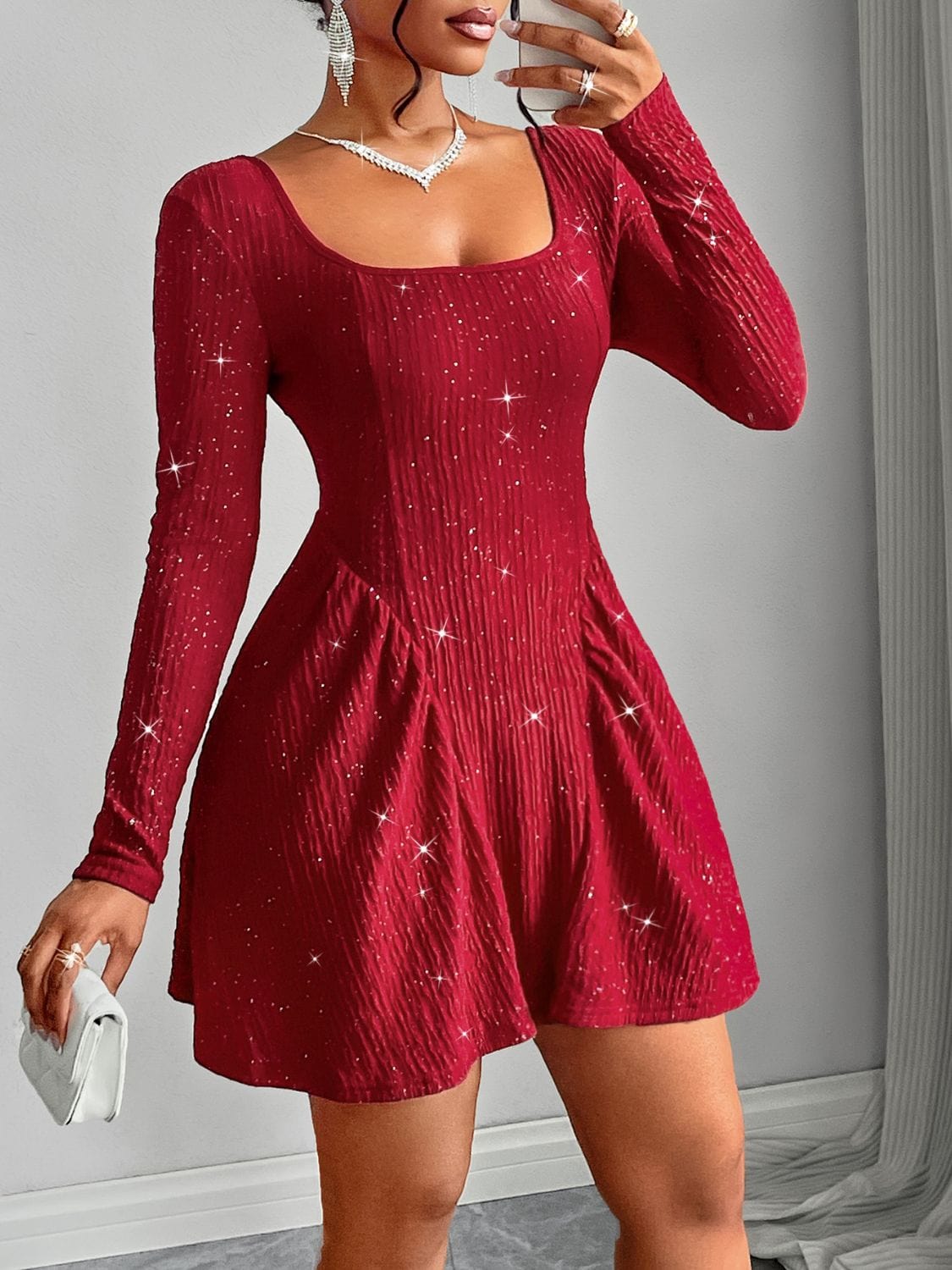 Backless Glitter Square Neck Long Sleeve Mini Dress - Trendsi