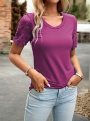 Lace Detail Round Neck Short Sleeve T-Shirt Trendsi