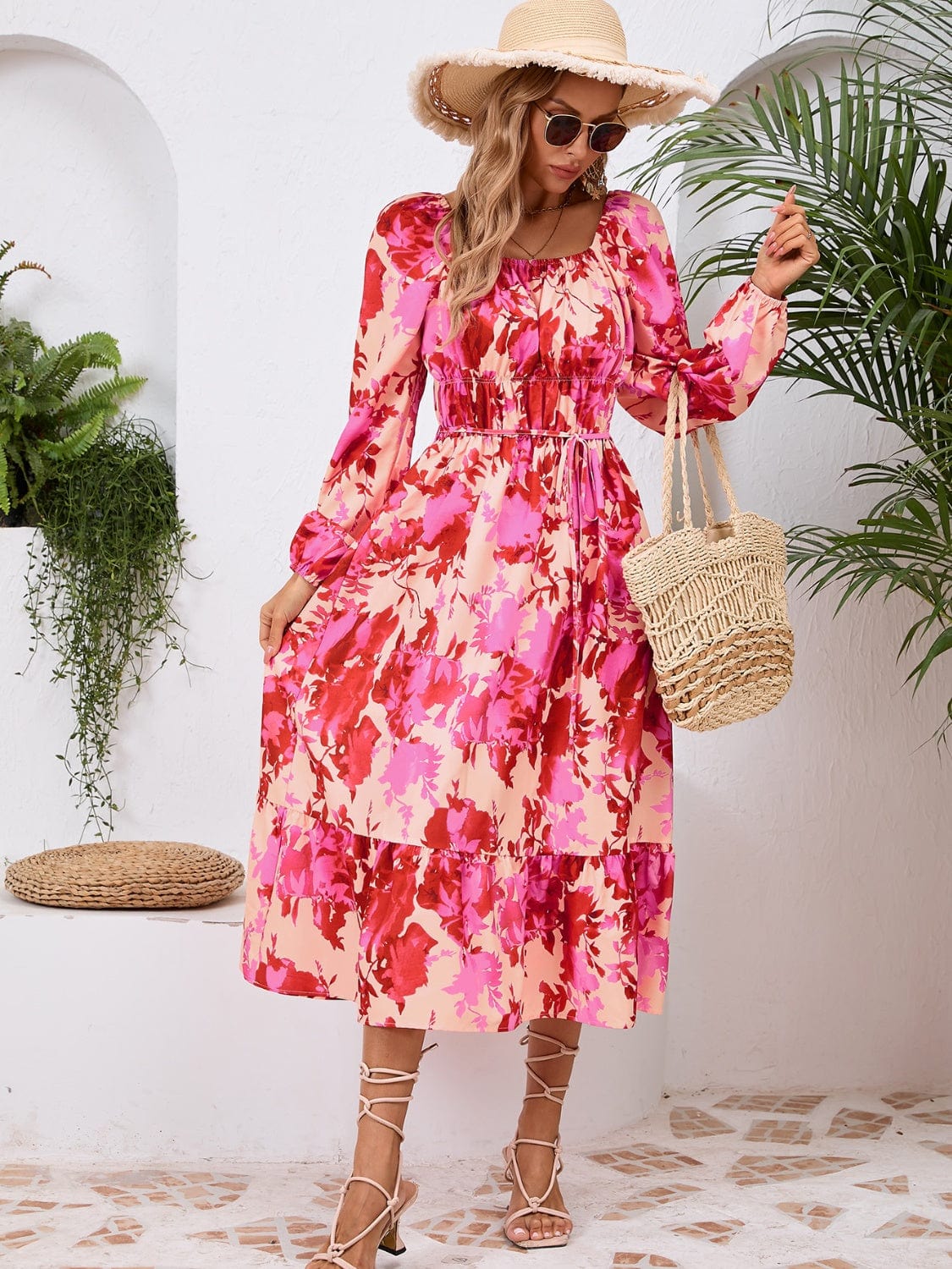 Printed Long Sleeve Midi Dress - Trendsi