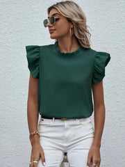 Mock Neck Ruffled Cap Sleeve Blouse - Flyclothing LLC