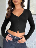 Buttoned V-Neck Long Sleeve T-Shirt - Trendsi