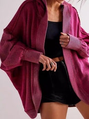 Exposed Seam Open Front Batwing Sleeve Hooded Cardigan - Trendsi