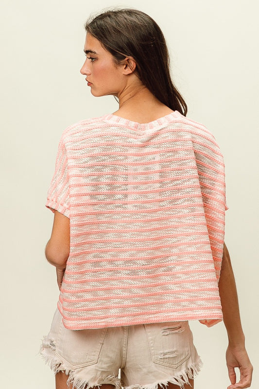 BiBi Braid Striped Short Sleeve Round Neck T-Shirt Trendsi