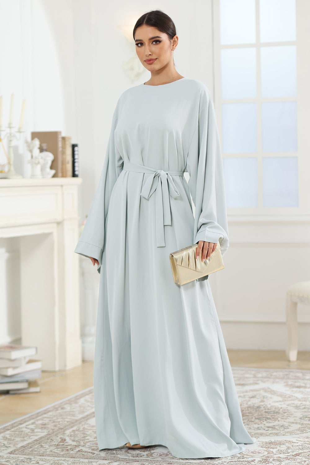 Round Neck Kimono Sleeve Tie Waist Dress - Flyclothing LLC