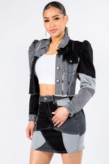 American Bazi Button Up Cropped Patchwork Denim Jacket - Trendsi