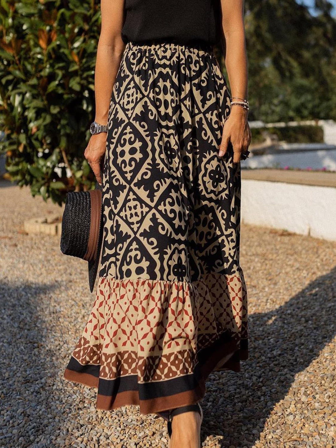 Geometric Elastic Waist Maxi Skirt Trendsi