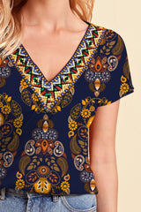 Printed V-Neck Short Sleeve T-Shirt Trendsi