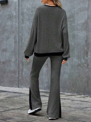 Contrast Round Neck Long Sleeve Top and Bootcut Pants Set - Trendsi