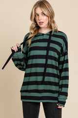 BOMBOM Drawstring Striped Dropped Shoulder Hoodie - Trendsi