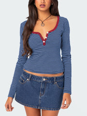 Buttoned Striped Long Sleeve T-Shirt - Trendsi