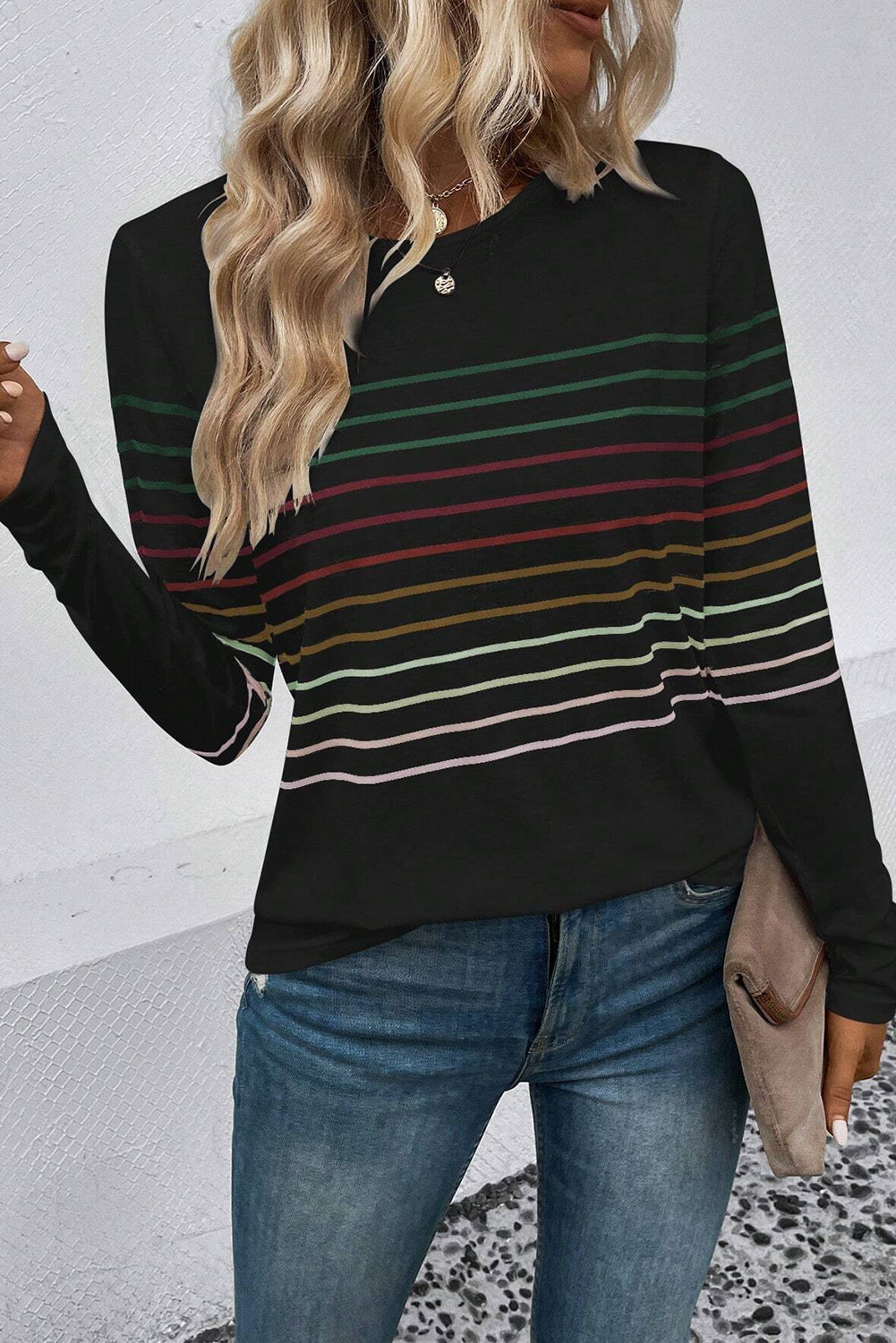 Striped Round Neck Long Sleeve T-Shirt - Flyclothing LLC