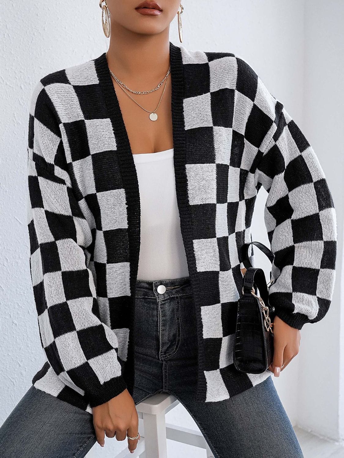 Checkered Open Front Long Sleeve Cardigan - Trendsi