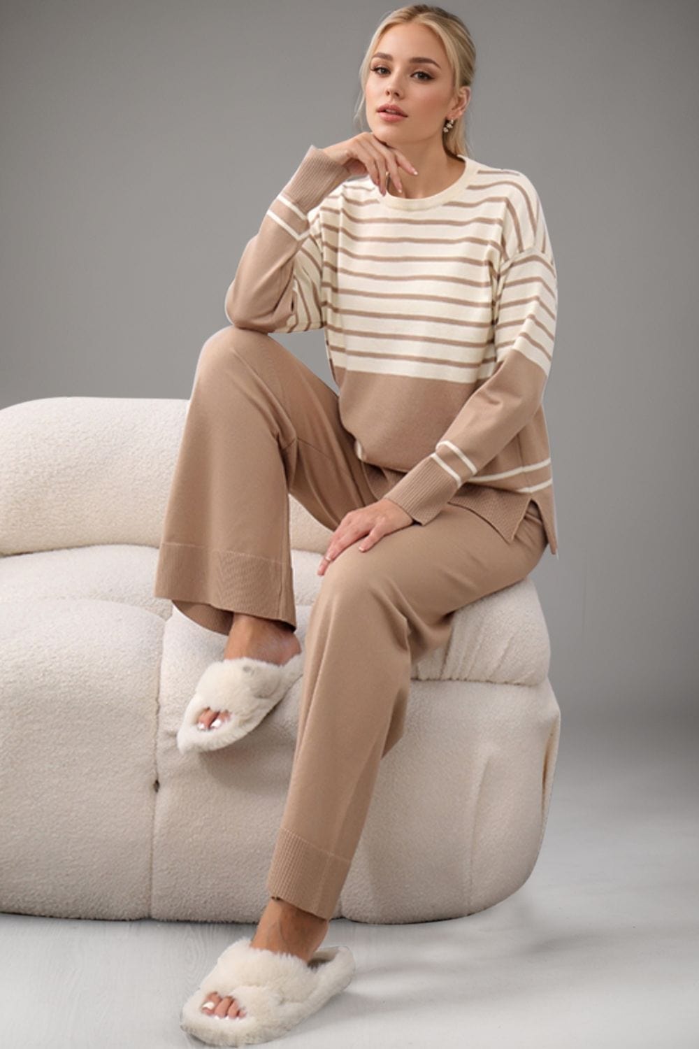 Basic Bae Striped Round Neck Long Sleeve Top and Pants Sweater Set - Trendsi