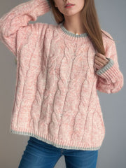 Cable Knit Round Neck Long Sleeve Sweater - Trendsi