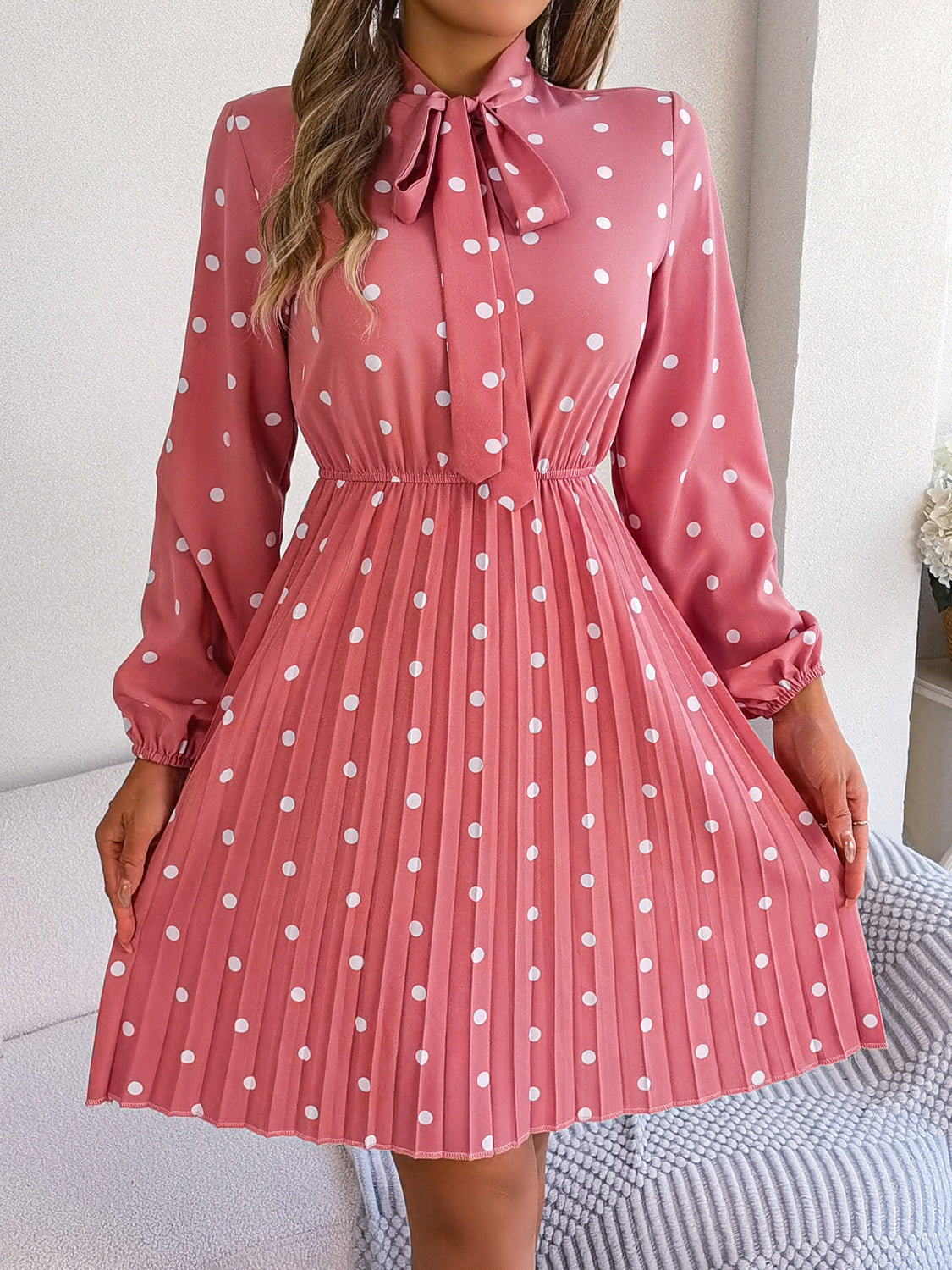 Polka Dot Tie Neck Pleated Dress - Flyclothing LLC