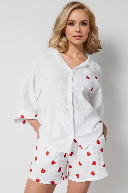 Basic Bae Heart Collared Neck Button Down Top and Shorts Set - Trendsi