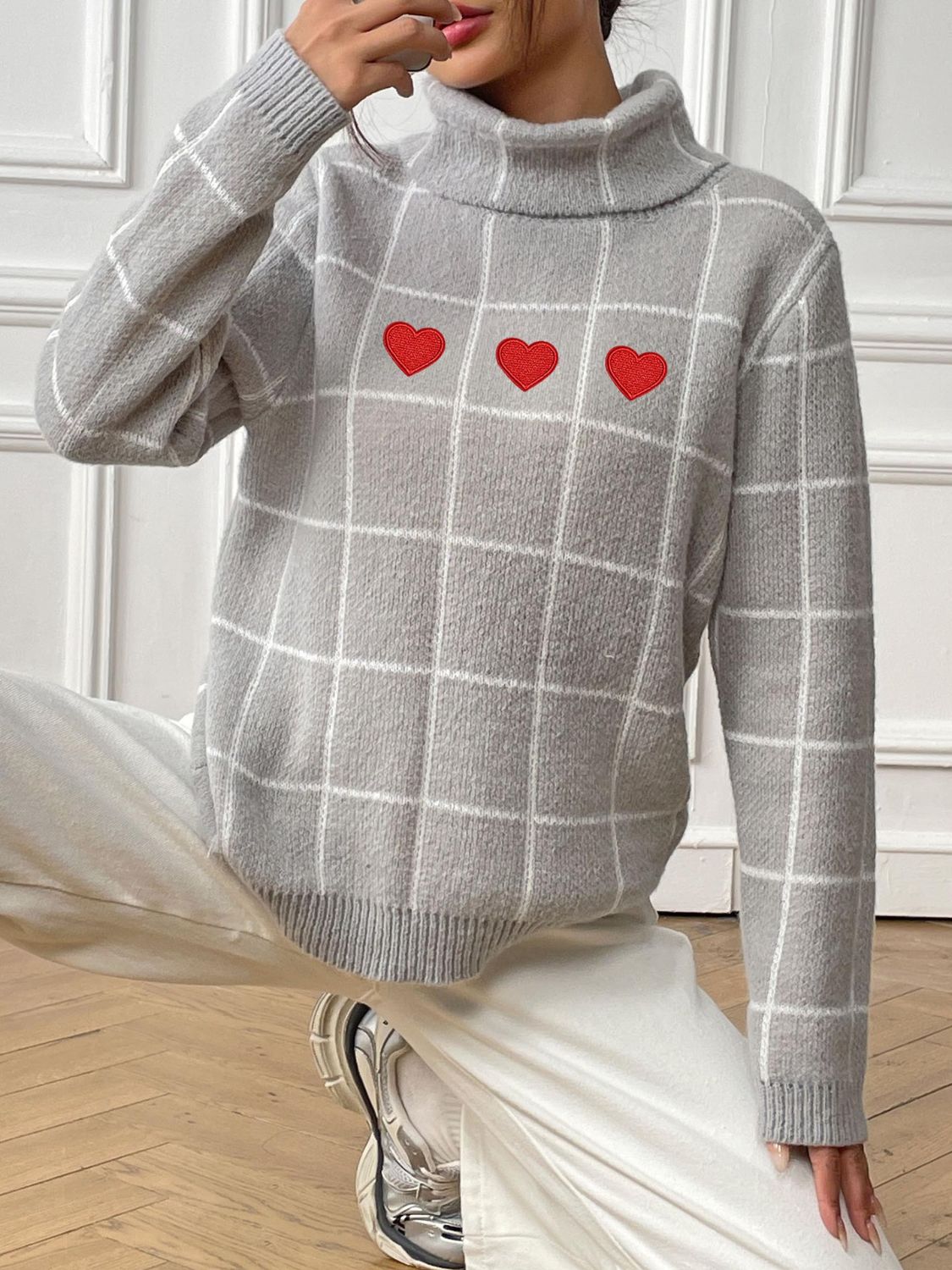 Heart Plaid Turtleneck Long Sleeve Sweater