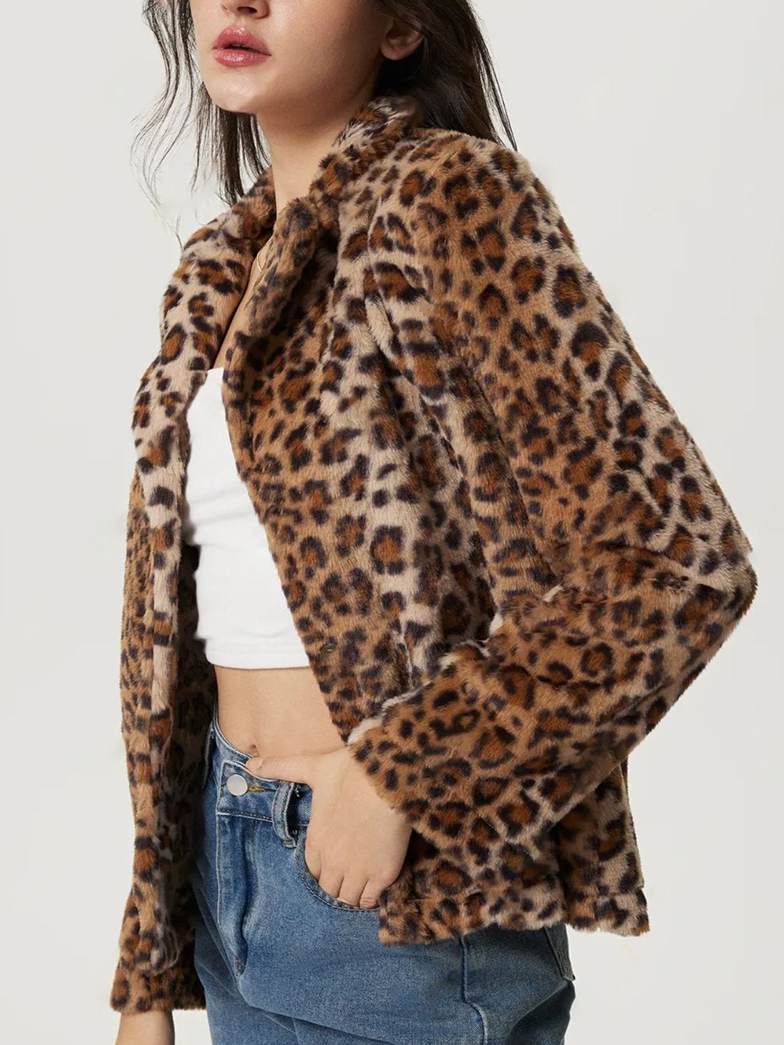 Fuzzy Leopard Collared Neck Jacket - Trendsi